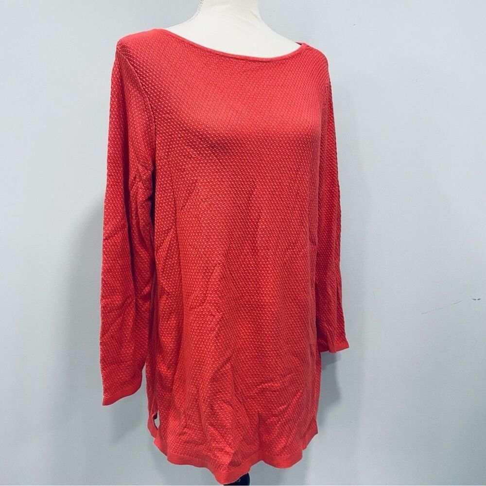 J JILL LP Coral Waffle Knit Pullover Scoop Neck Tunic Sweater Stretch Minimalist